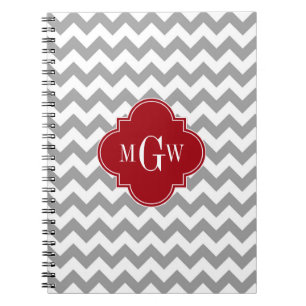 Grey Wht Chevron Cranberry Quatrefoil 3 Monogram Spiral Notebook