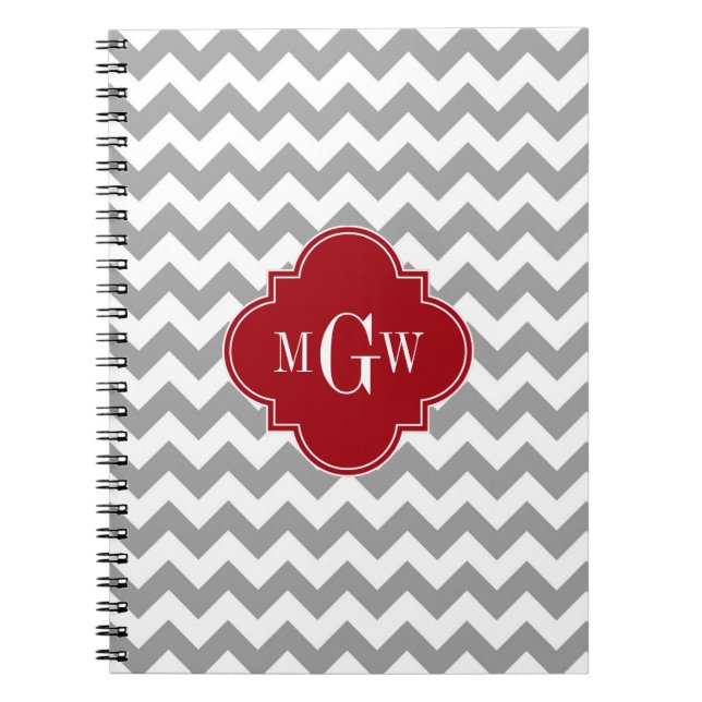 Grey Wht Chevron Cranberry Quatrefoil 3 Monogram Spiral Notebook (Front)