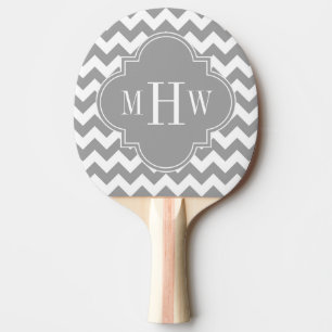 Grey Wht Chevron Dk Grey Quatrefoil 3 Monogram Ping Pong Paddle