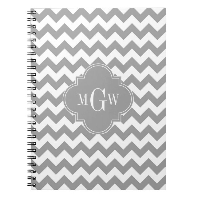 Grey Wht Chevron Dk Grey Quatrefoil 3 Monogram Spiral Notebook (Front)
