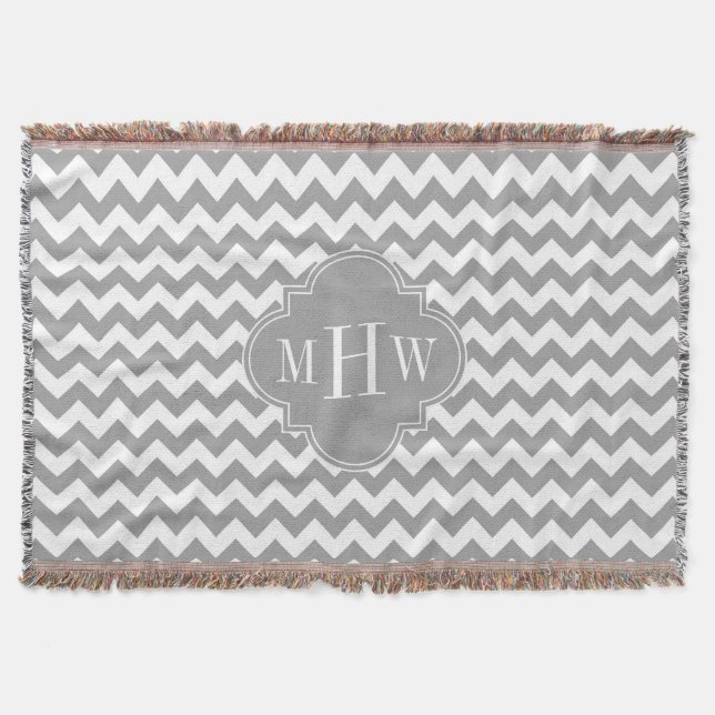 Grey Wht Chevron Dk Grey Quatrefoil 3 Monogram Throw Blanket (Front)