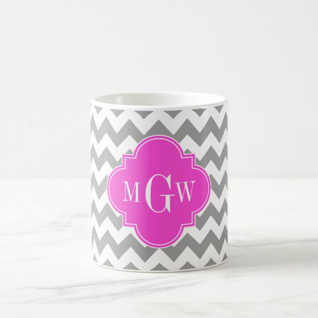 Grey Wht Chevron Hot Pink Quatrefoil 3 Monogram Coffee Mug (Center)