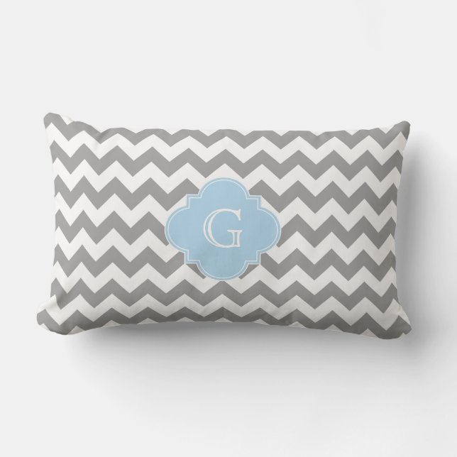 Grey Wht Chevron Lt Blue Quatrefoil Monogram Lumbar Cushion (Front)