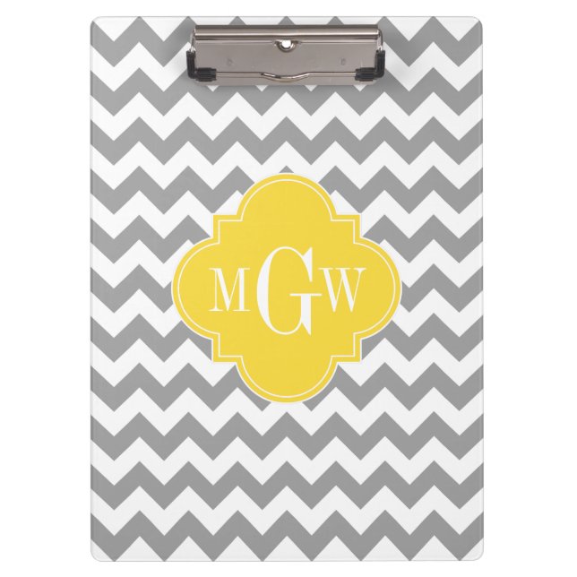 Grey Wht Chevron Pineapple Quatrefoil 3 Monogram Clipboard (Front)