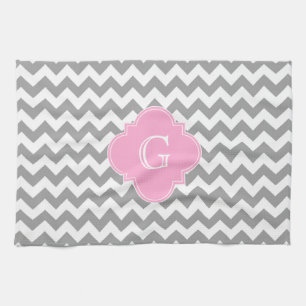 Grey Wht Chevron Pink Quatrefoil Monogram Tea Towel