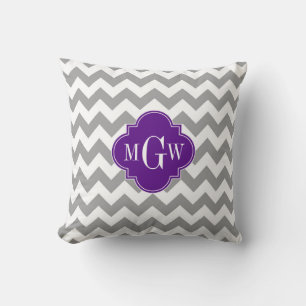 Grey Wht Chevron Purple Quatrefoil 3 Monogram Cushion