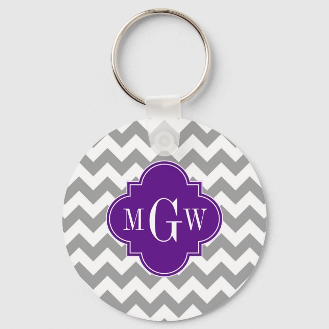 Grey Wht Chevron Purple Quatrefoil 3 Monogram Key Ring (Front)