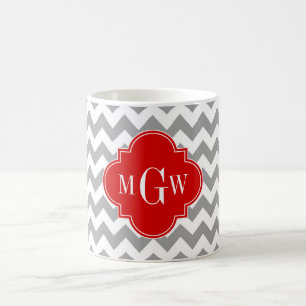 Grey Wht Chevron Red Quatrefoil 3 Monogram Coffee Mug