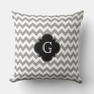 Grey Wht Chevron ZigZag Black Quatrefoil Monogram Cushion