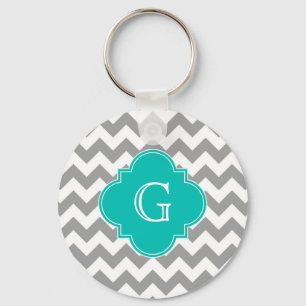 Grey Wht Chevron ZigZag Teal Quatrefoil Monogram Key Ring