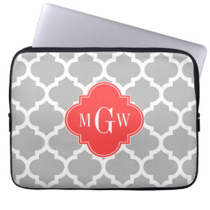 Grey Wht Moroccan #5 Coral Red 3 Initial Monogram Laptop Sleeve