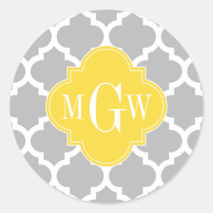 Grey Wht Moroccan #5 Pineapple 3 Initial Monogram Classic Round Sticker