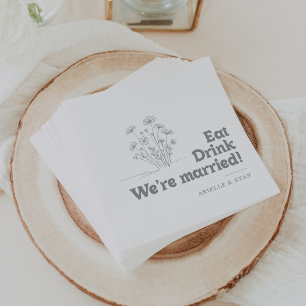 Grey Wildflower Eat Drink We're Married Wedding Napkin