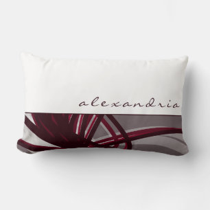 Grey & Wine Abstract Ribbons   White   Custom Name Lumbar Cushion