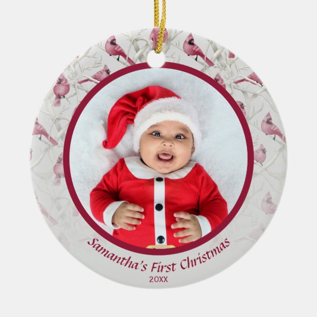 Grey Winter Cardinal Baby Personalised Photo Ceramic Tree Decoration (Front)