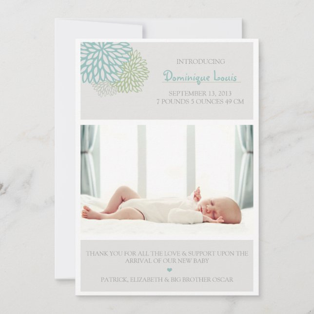 Grey Winter Flowers Photo Birth Announcement (Front)