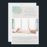 Grey Winter Flowers Photo Birth Announcement<br><div class="desc">An elegant and simple birth announcement with grey,  blue and green floral details. Very clean and minimalist with a rectangular photo template where you can insert you baby photo.</div>