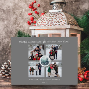 Grey Winter Forest Floral Photo Collage Holiday Card