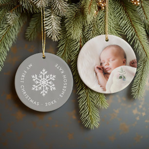 Grey Winter Snowflake First Christmas Keepsake Ceramic Tree Decoration