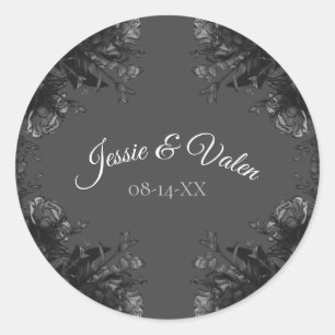 Grey with black Roses Gothic Wedding Classic Round Sticker