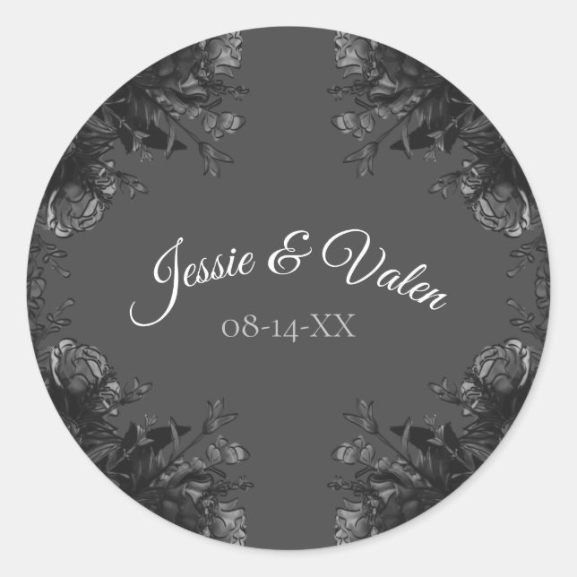Grey with black Roses Gothic Wedding Classic Round Sticker (Front)