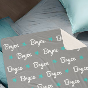 Grey with Blue Stars Repeating Name Sherpa Blanket