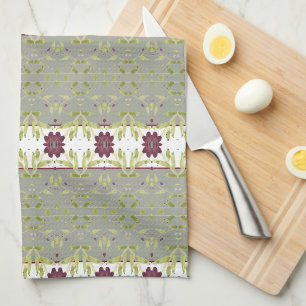 Grey With Burgundy Floral Kitchen Tea Towel