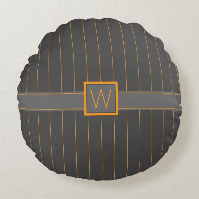 Grey with Orange Pinstripes Round Pillow (Front)