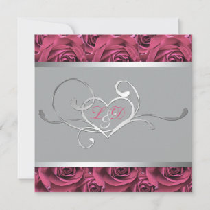 Grey with Pink Roses Monogrammed Invitation