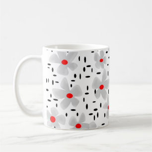 grey with red flowers on white background retro coffee mug
