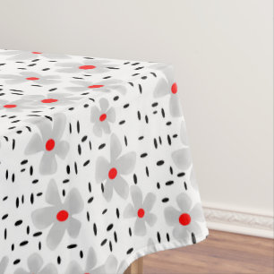 grey with red flowers on white background retro tablecloth