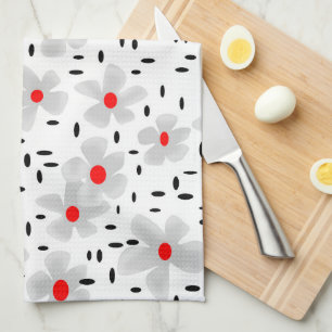 grey with red flowers on white background retro tea towel