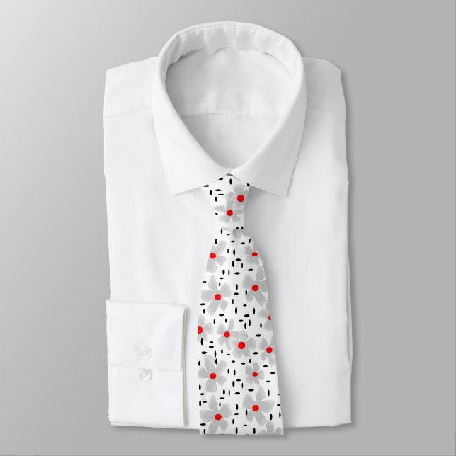 grey with red flowers on white background retro tie (Tied)