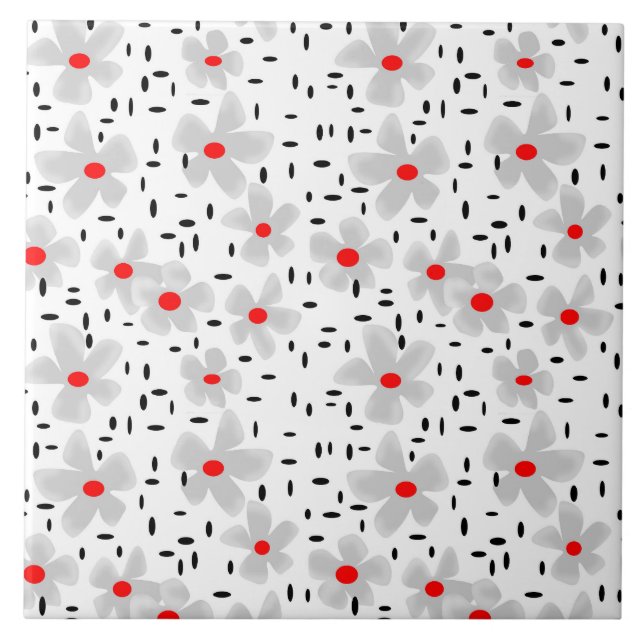 grey with red flowers on white background retro tile (Front)