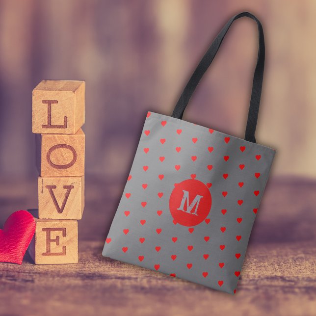 Grey with Red Hearts Monogramed Letter  Tote Bag (Creator Uploaded)