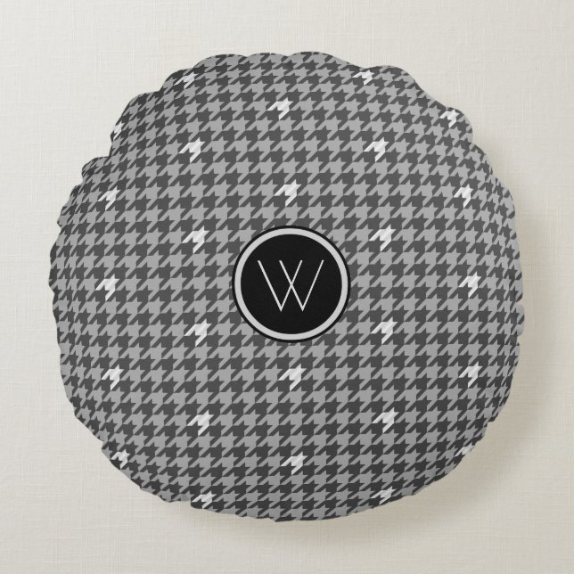 Grey with Silver Accent Houndstooth Round Pillow (Front)