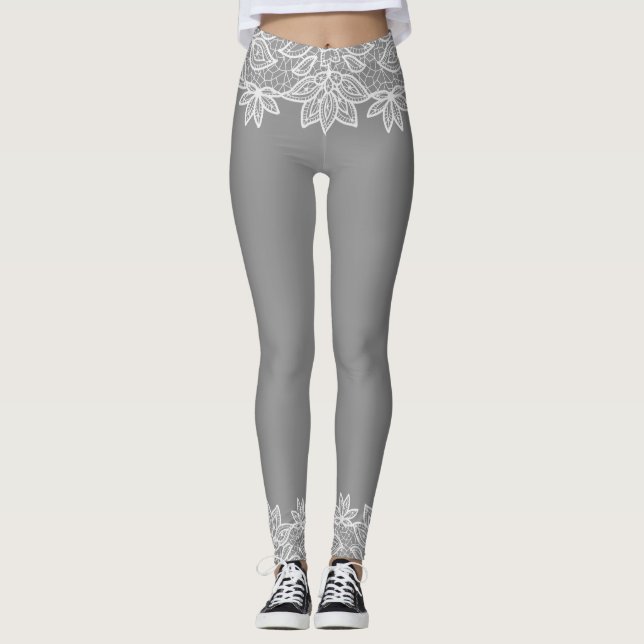 Grey with White Lace Look Spandex Leggings (Front)