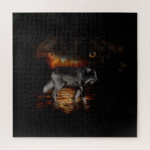Grey Wolf and Wildfire Design  Jigsaw Puzzle