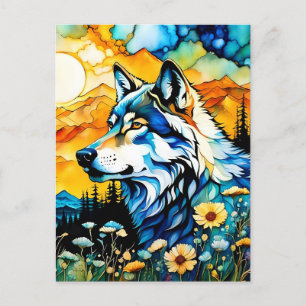 Grey wolf and Wildflowers Postcard