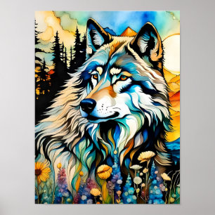 Grey wolf and Wildflowers Poster