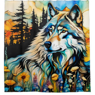 Grey wolf and Wildflowers Shower Curtain