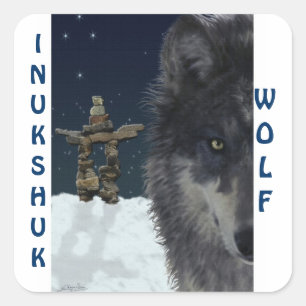 GREY WOLF & ARCTIC INUKSHUK Wildlife Supporter Art Square Sticker