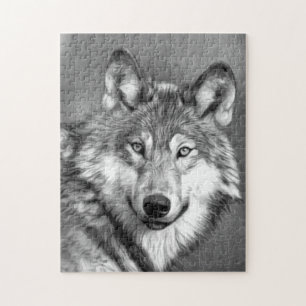 Grey Wolf Art Painting Graphic   Black and White Jigsaw Puzzle