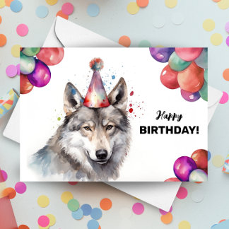 Grey Wolf Balloons and Party Hat Wild Birthday Card