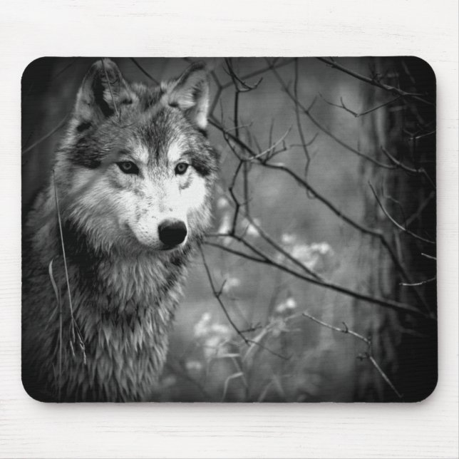 Grey Wolf - Black and White Mouse Pad (Front)