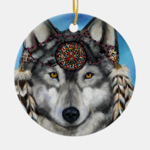 GREY WOLF CERAMIC TREE DECORATION