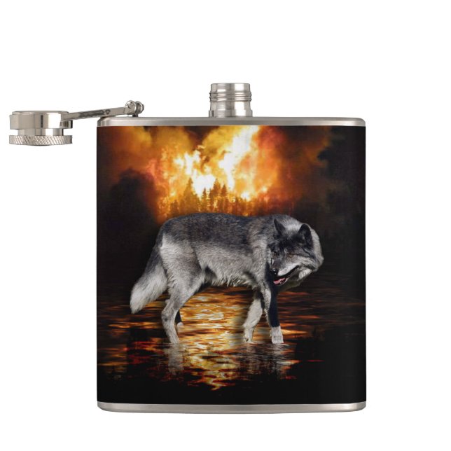 Grey Wolf Fire Flames Survivor Hip Flask (Opened)
