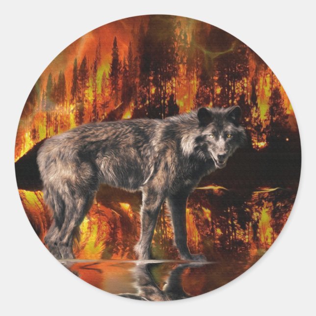 Grey Wolf & Forest Fire Survival Wildlife Art Classic Round Sticker (Front)