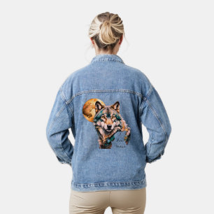 Grey Wolf & Gold Moon Teal *Personalise* Denim Jacket