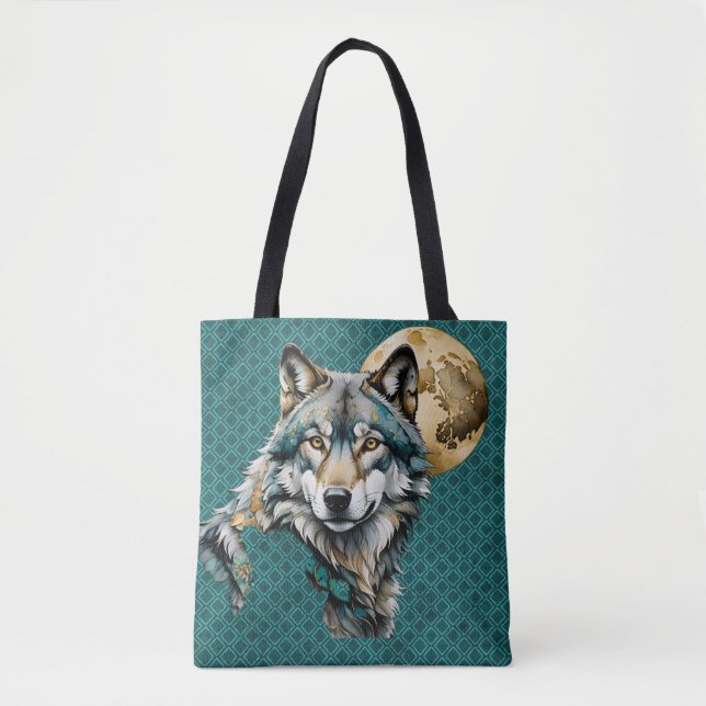 Grey Wolf & Gold Moon Teal Tote Bag (Front)